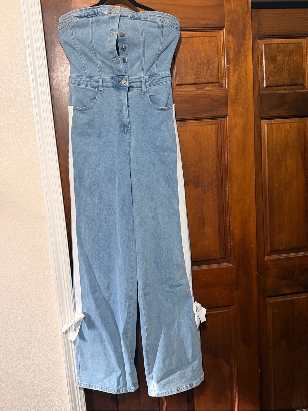 Strapless Light Blue Denim Jumpsuit with White Side Stripe